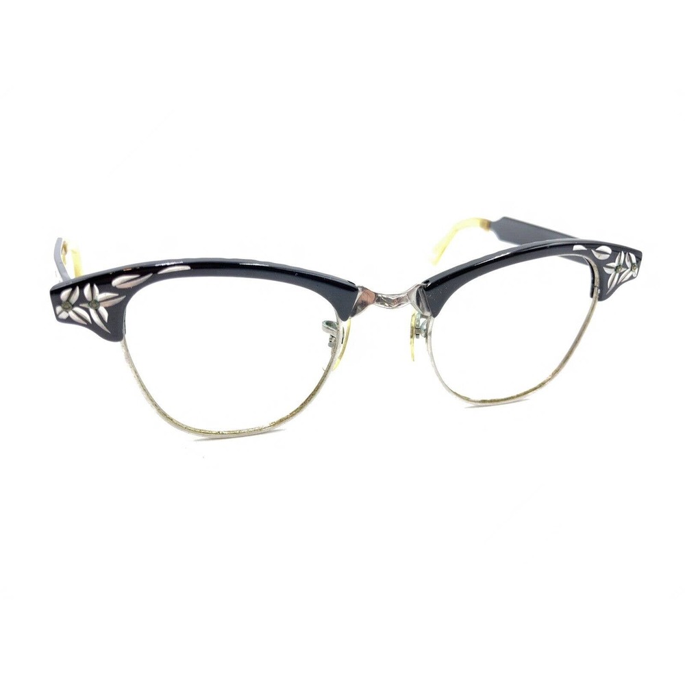 SRC Vintage Black Silver Floral Cat Eye Eyeglasses Frames 44-20 140 USA Retro